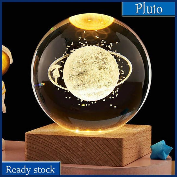 Pluto: 3D LED Crystal Ball Night Lamp with Holographic Engraving & USB-Powered Wooden Base for Home & Office DÃ©cor