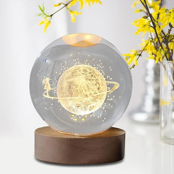Pluto: 3D LED Crystal Ball Night Lamp with Holographic Engraving & USB-Powered Wooden Base for Home & Office DÃ©cor