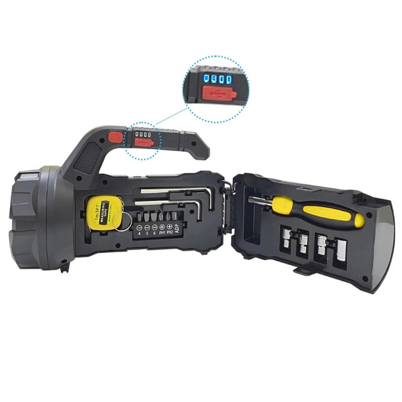 ToolBeam: 5-in-1 LED Torch Light with Hidden Tool Box Kit, USB Rechargeable, Emergency SOS & High-Power Flashlight for Car & Home