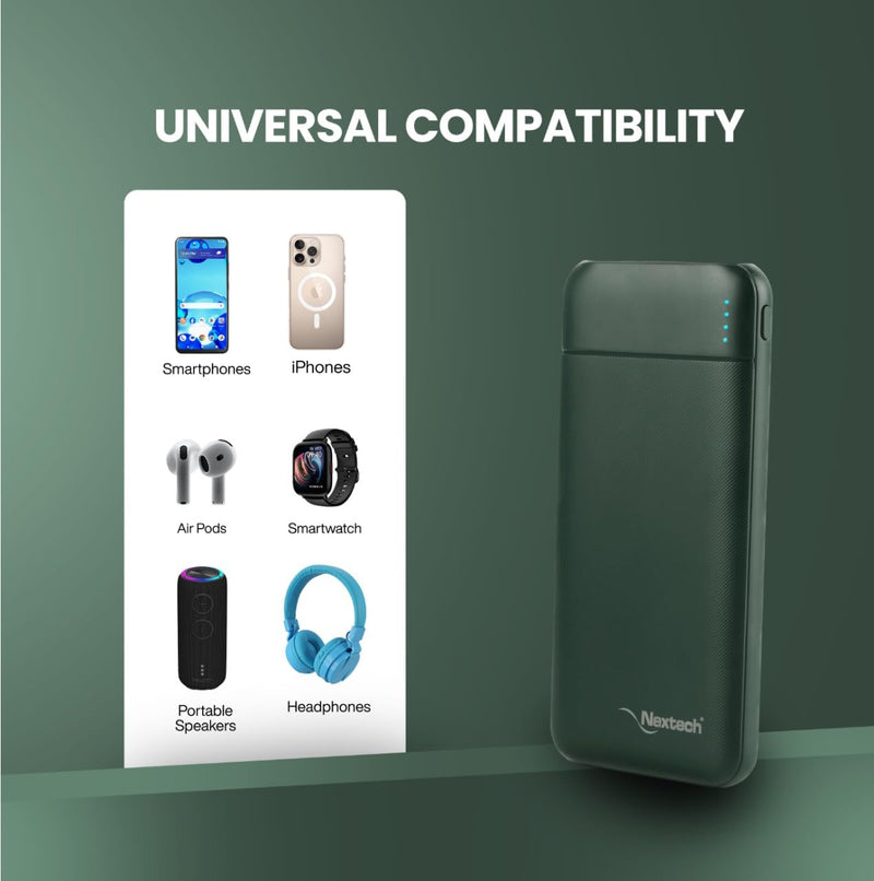 Nextech Slender PDQC 22.5W | 10000mAh | Made in India | Fast Charging | Ultra Slim Power Bank | Type-C PD & QC 3.0 USB Output | Compatible with Smartphones, iPhone, Android | Green