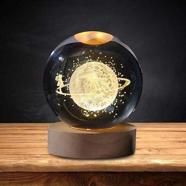 Pluto: 3D LED Crystal Ball Night Lamp with Holographic Engraving & USB-Powered Wooden Base for Home & Office DÃ©cor