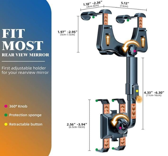 MirrorGrip: 60Â° Rotating Rearview Mirror Phone Holder with Anti-Shake Cradle & Adjustable Mount for Safe Driving