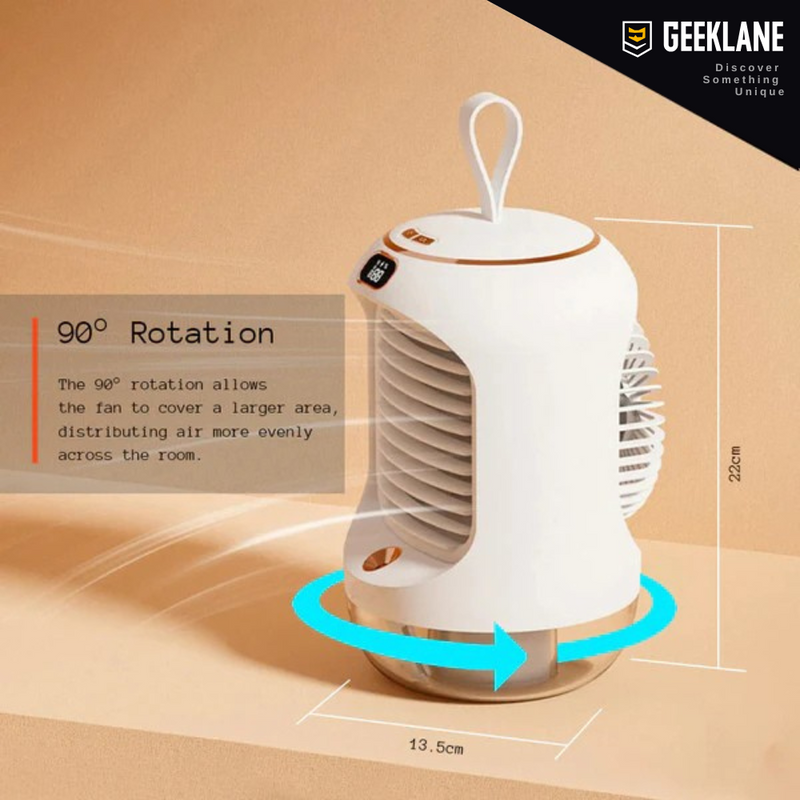 CoolMate: Premium Quality Portable Cooling Fan & Humidifier, 3 Speeds, 280ml Mist, Night Light, 90Â° Rotation, USB Rechargeable (3600mAh) for Personal Cooling.