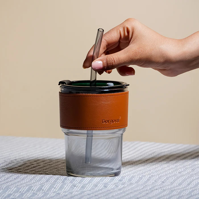 SipMate: Glass Tumbler with Lid, Straw & Leather Sleeve â€“ Perfect for Coffee, Tea, Juice & Everyday Hydration