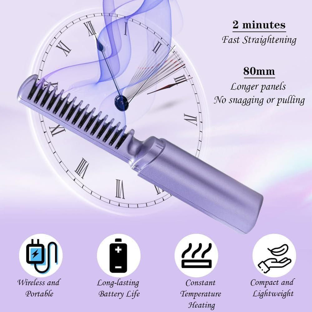 EasyStraight: Cordless Hair Straightening Comb with 3-Heat Settings, Rechargeable & Auto Shut-Off for Smooth Styling Anywhere