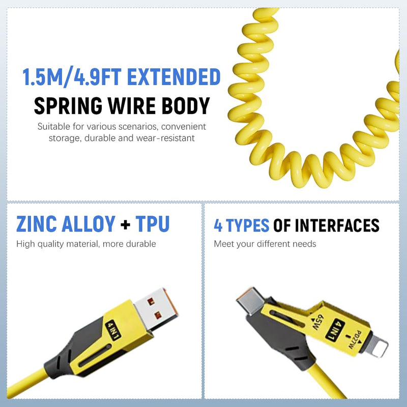Coolio: 4-in-1 Coiled Charging Cable with USB-A, Type-C & Lightning Connectors â€“ Space Saving Design for Travel, Car & Desk Setups