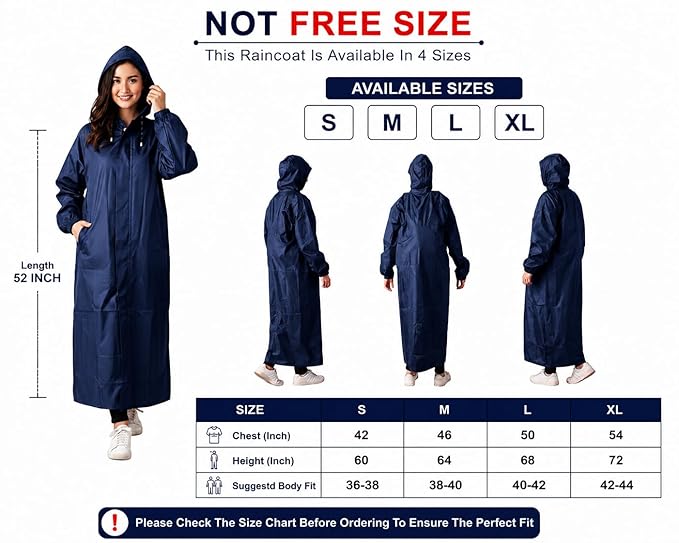 Women's Waterproof Rain Coat, Blue, Full Length, Polyester, Adjustable Hood, Side Pockets, Free Size