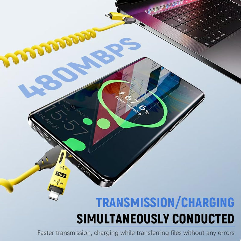 Coolio: 4-in-1 Coiled Charging Cable with USB-A, Type-C & Lightning Connectors â€“ Space Saving Design for Travel, Car & Desk Setups