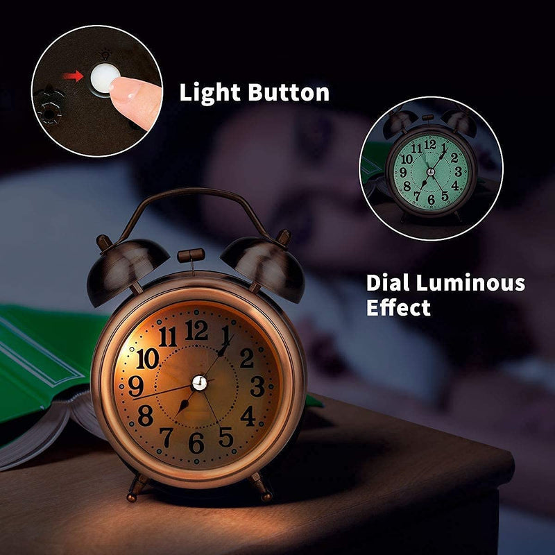 Tringg: Vintage Copper Table Alarm Clock with Mechanical Twin Bells, Retro Analog Desk Clock with Night LED Light for Bedroom DÃ©cor