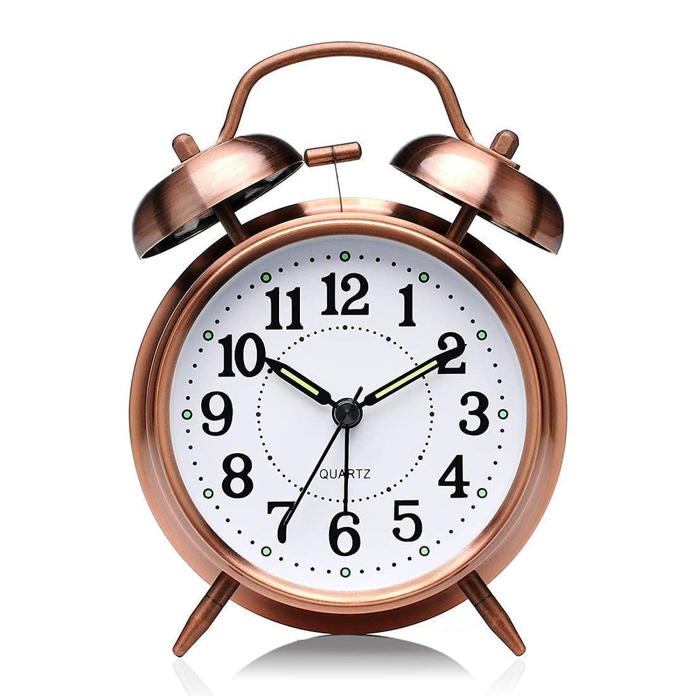 Tringg: Vintage Copper Table Alarm Clock with Mechanical Twin Bells, Retro Analog Desk Clock with Night LED Light for Bedroom DÃ©cor