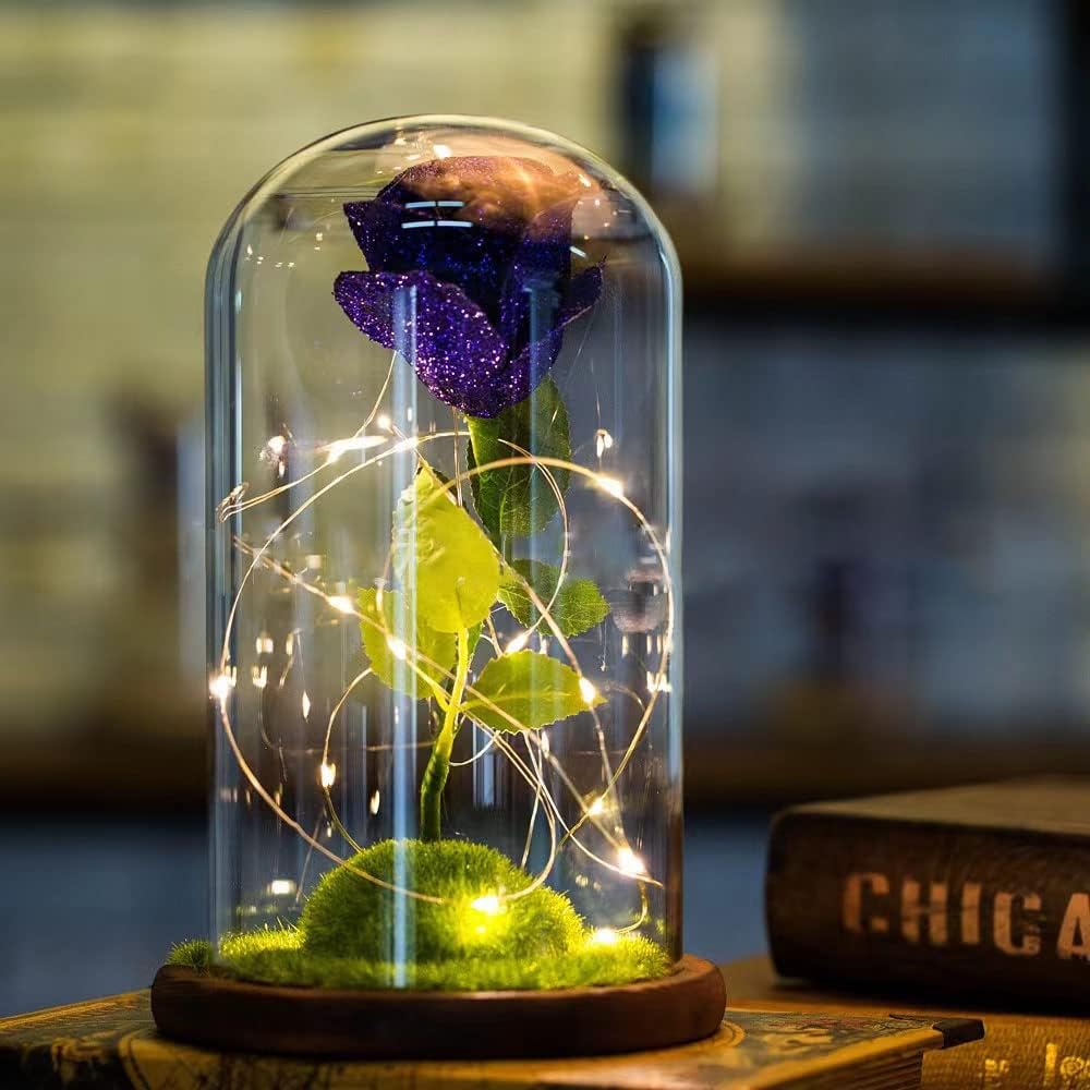 Forever: Enchanted Purple Glass Rose with Removable Dome & USB-Powered LED Fairy Light for Romantic DÃ©cor & Gifting