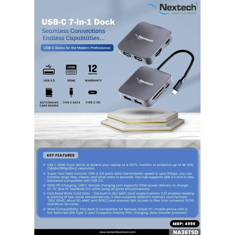Nextech 7 in 1 USB-C Dock with 4K @30Hz HDMI, 2*USB 3.0, 1*100W Type-C PD, Type-C for Data Transfer upto 5 GBPS, TF/Micro SD Card Reader compatiable for Mac OS, Windows & All Type C Port Devices