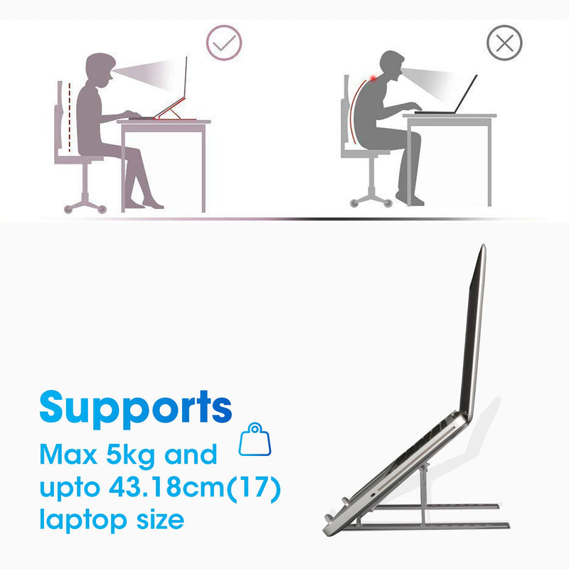 Standee: Foldable Aluminium Laptop Stand with 7-Angle Adjustment, Anti-Slip Riser with Velvet Pouch for 9"â€“15.6" Devices, MacBooks, Dell, HP & Office Use