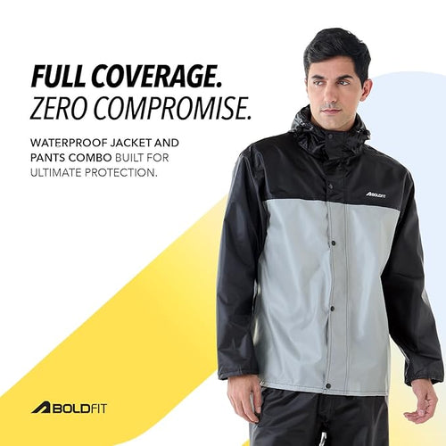 Boldfit Rain Coat for Men Waterproof Raincoat Set for Women with Reflective Trim-Windproof Jacket & Pants Suit with Hood, Pockets & Breathable, Durable Fabric for Outdoor, Travel, Bike & Trekking Use