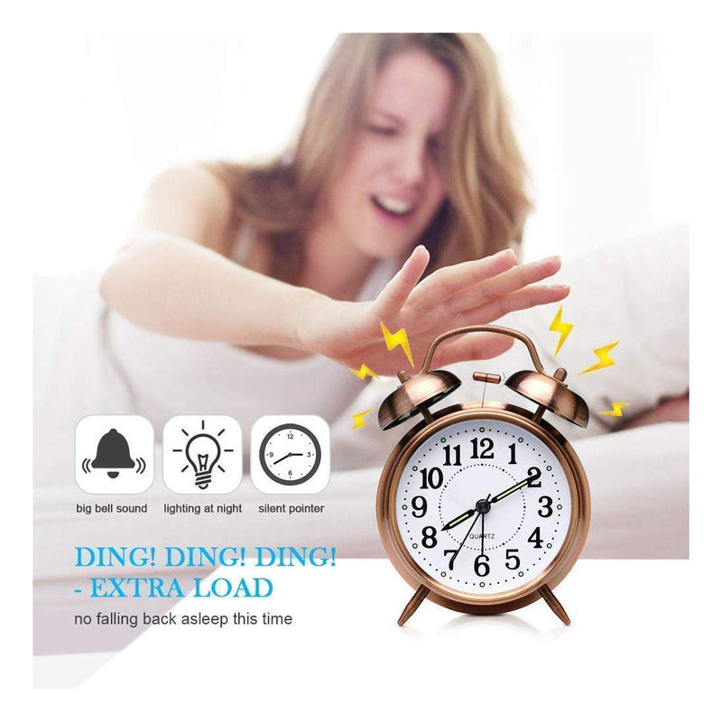 Tringg: Vintage Copper Table Alarm Clock with Mechanical Twin Bells, Retro Analog Desk Clock with Night LED Light for Bedroom DÃ©cor