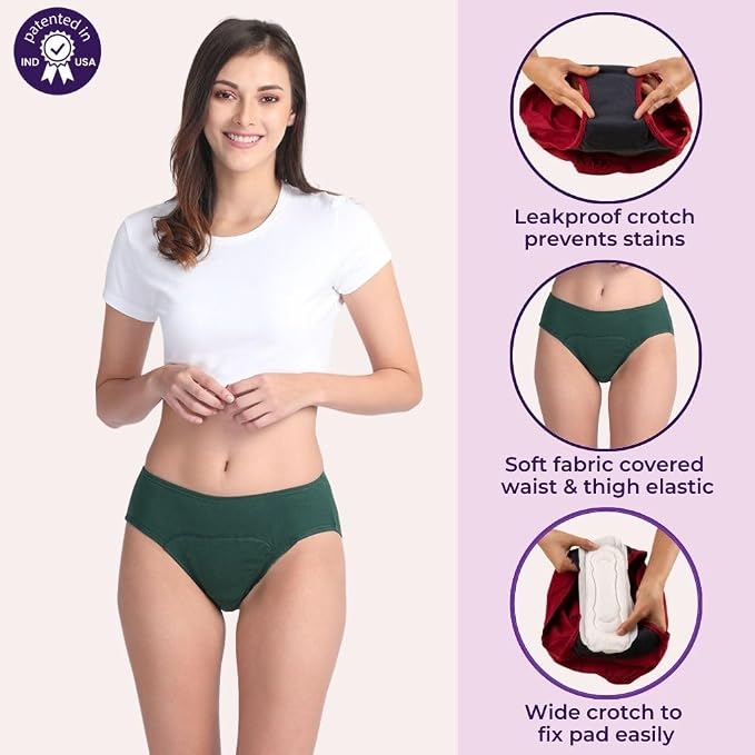 Panties for Women | Period Panties for Women Leak Proof & Breathable | Hipster Fit for Medium Flow | Use with Pad for Non Icky Feeling | Patented Design | Pack of 2