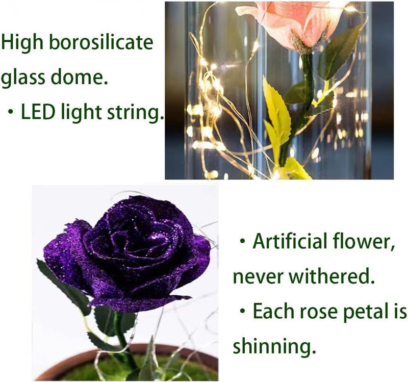 Forever: Enchanted Purple Glass Rose with Removable Dome & USB-Powered LED Fairy Light for Romantic DÃ©cor & Gifting