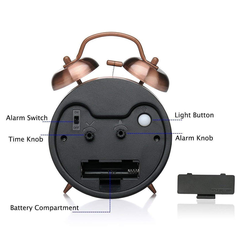 Tringg: Vintage Copper Table Alarm Clock with Mechanical Twin Bells, Retro Analog Desk Clock with Night LED Light for Bedroom DÃ©cor