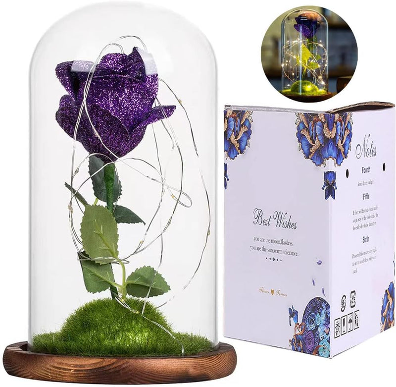 Forever: Enchanted Purple Glass Rose with Removable Dome & USB-Powered LED Fairy Light for Romantic DÃ©cor & Gifting