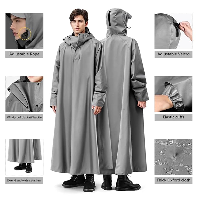 Long Rain Coat, Raincoat for Men Women Waterproof | Reusable Hooded Rain Poncho with Wide Brim | Lightweight Raincoat for Hiking, Travel, Motorcycle Riding