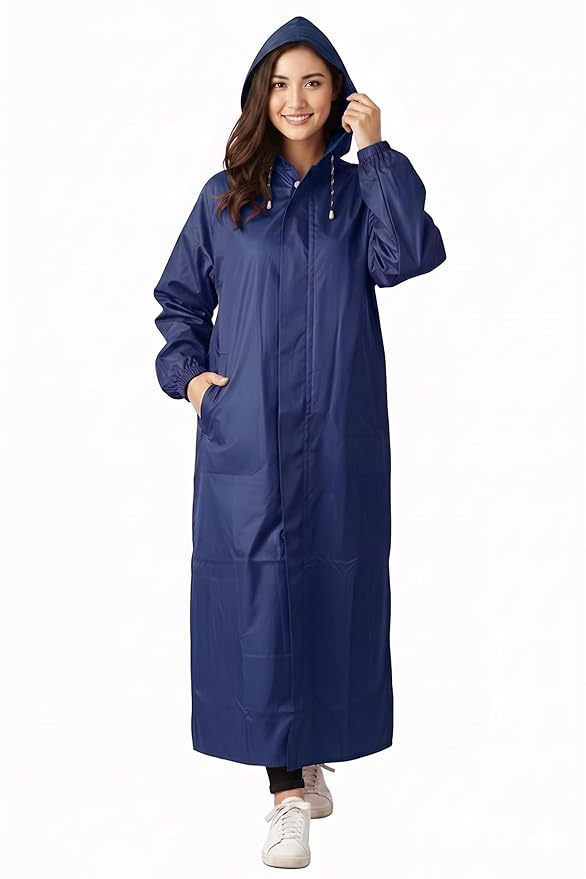 Women's Waterproof Rain Coat, Blue, Full Length, Polyester, Adjustable Hood, Side Pockets, Free Size