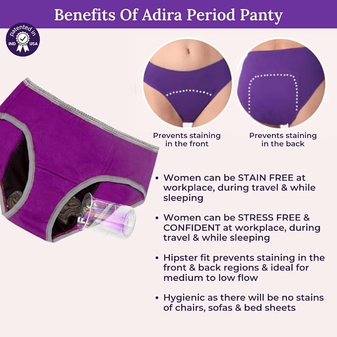 Panties for Women | Period Panties for Women Leak Proof & Breathable | Hipster Fit for Medium Flow | Use with Pad for Non Icky Feeling | Patented Design | Pack of 2