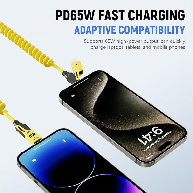 Coolio: 4-in-1 Coiled Charging Cable with USB-A, Type-C & Lightning Connectors â€“ Space Saving Design for Travel, Car & Desk Setups