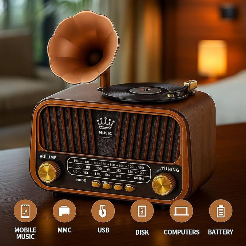 Grammy: Retro Gramophone Bluetooth Speaker with Classic Horn Design, Portable Music Player with FM/AM/SW Radio, USB & TF Card Support, Deep Bass Sound