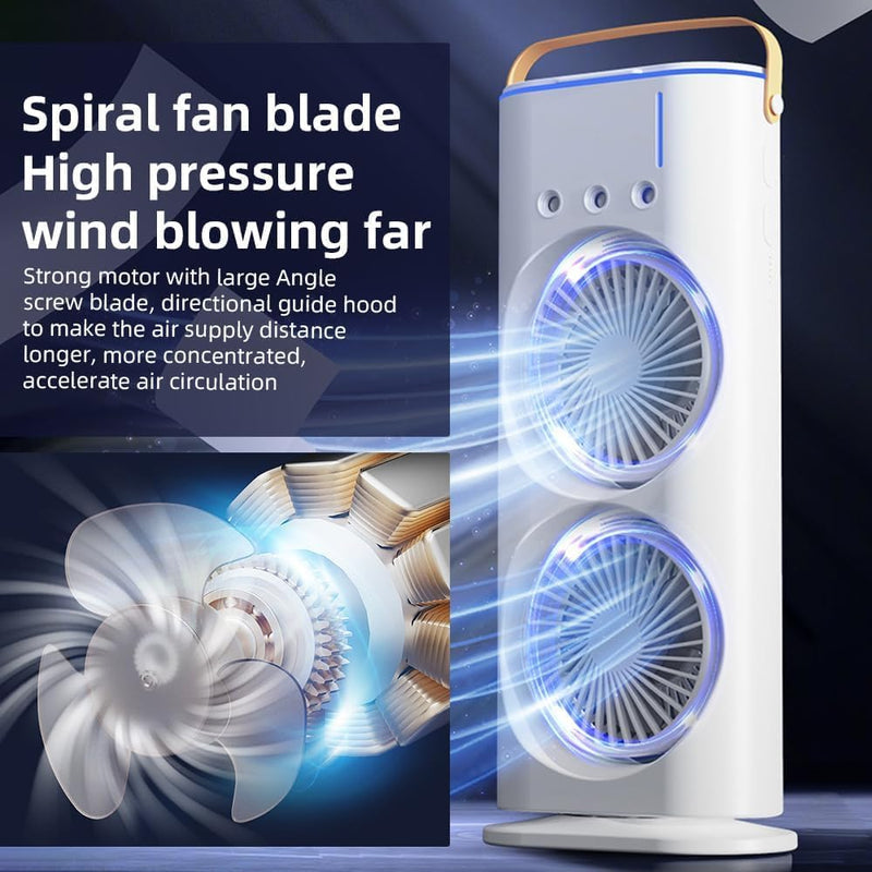 Breezo: Rechargeable Dual-Fan Air Cooler with Mist Spray â€“ High Power Oscillating Mini AC with Remote, USB-C Charging, RGB Lights & Cold Air Blower for Home & Travel