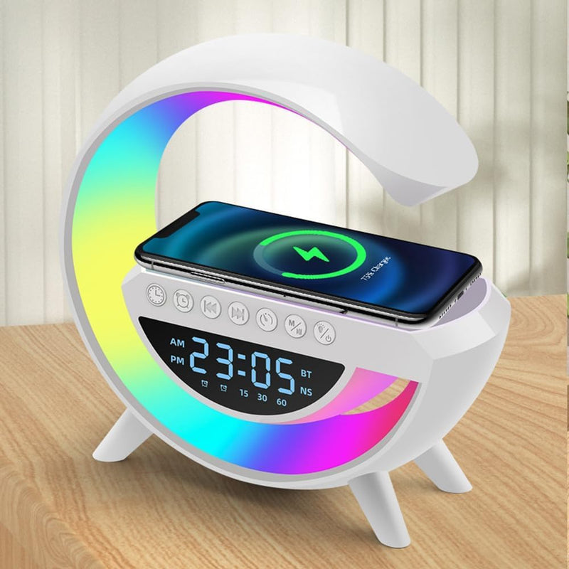 Gooble: Full Size G-Shaped RGB Atmosphere Lamp with 15W Wireless Charger, Bluetooth Speaker, Clock & Interactive Desk Light for Bedside & Room DÃ©cor