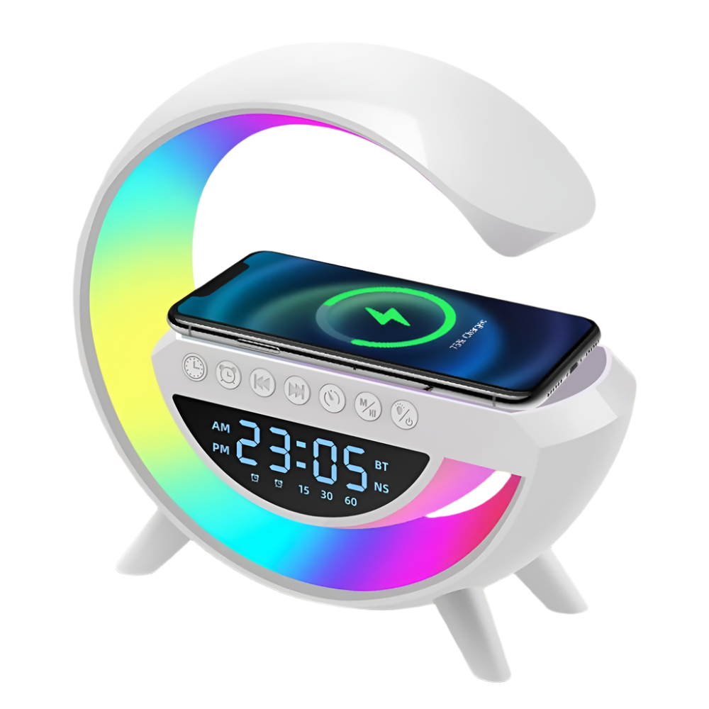 Gooble: Full Size G-Shaped RGB Atmosphere Lamp with 15W Wireless Charger, Bluetooth Speaker, Clock & Interactive Desk Light for Bedside & Room DÃ©cor