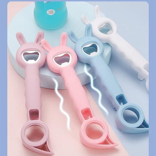 TwistEase: Cute 4-in-1 Multi-Opener for Bottles, Cans & Jars â€“ Easy Grip & Finger Protection Kitchen Tool