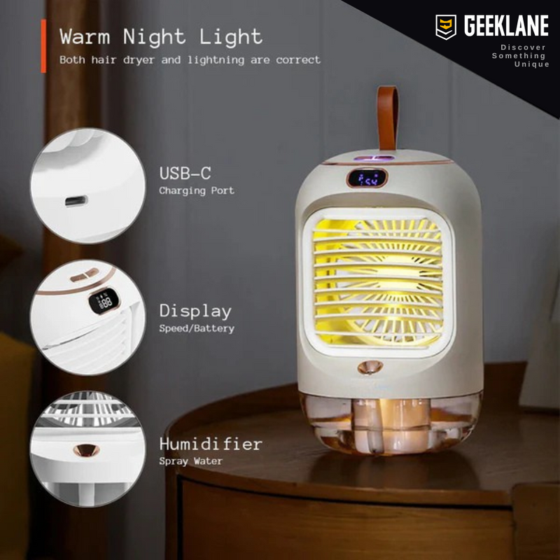 CoolMate: Premium Quality Portable Cooling Fan & Humidifier, 3 Speeds, 280ml Mist, Night Light, 90Â° Rotation, USB Rechargeable (3600mAh) for Personal Cooling.