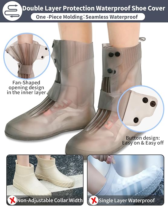 10 inch Tall Silicone Shoe Cover Waterproof, Double-Breasted Waterproof Layer Shoes Cover for Rainy, Reusable Non-Slip Shoe Rain Cover