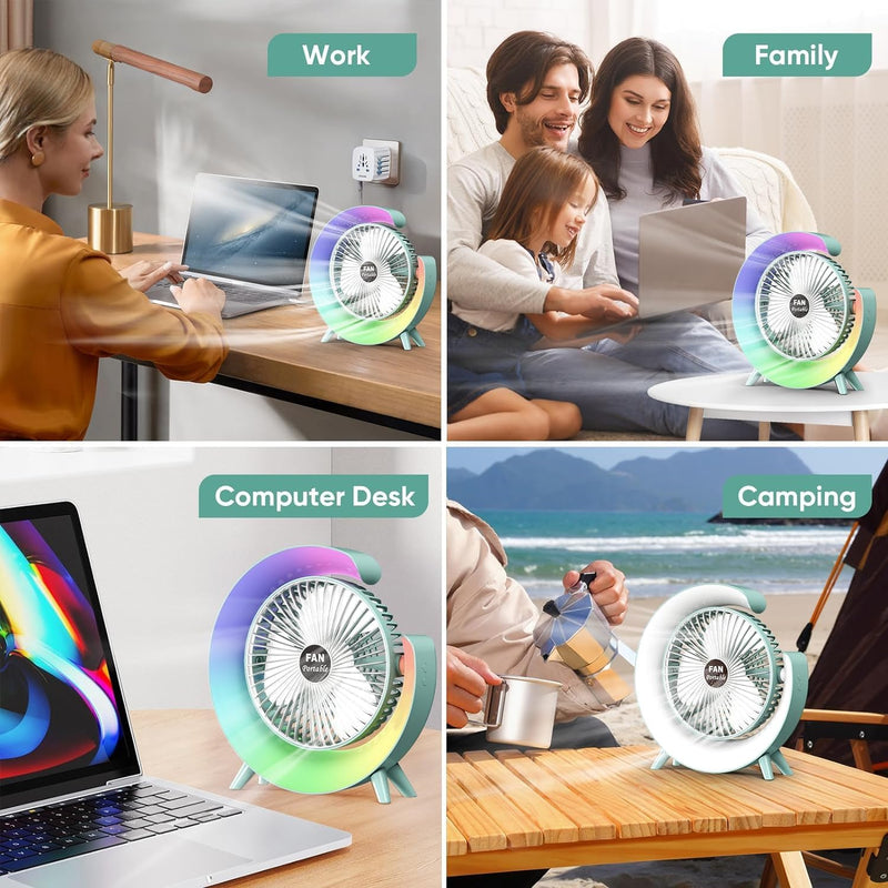 GFan: RGB LED Rechargeable Desk Fan with 3 Speeds â€“ 180Â° Adjustable, USB Charging & 4-Hour Backup for Table, Office & Travel Use