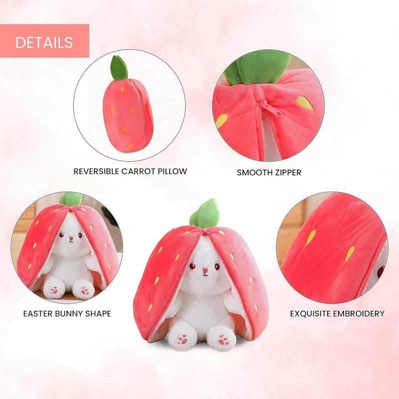 PeekaBoo: Reversible Strawberry Bunny Plush Toy Pillow with Zipper â€“ Soft & Cuddly Gift for Kids & Plush Lovers