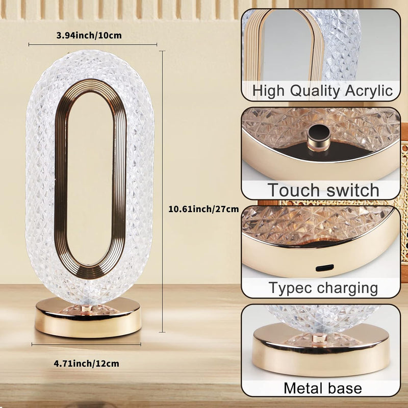 Crysta: Dimmable Touch Control Crystal Table Lamp with USB Rechargeable LED & Elegant Oval Design for Home, Bedroom & DÃ©cor
