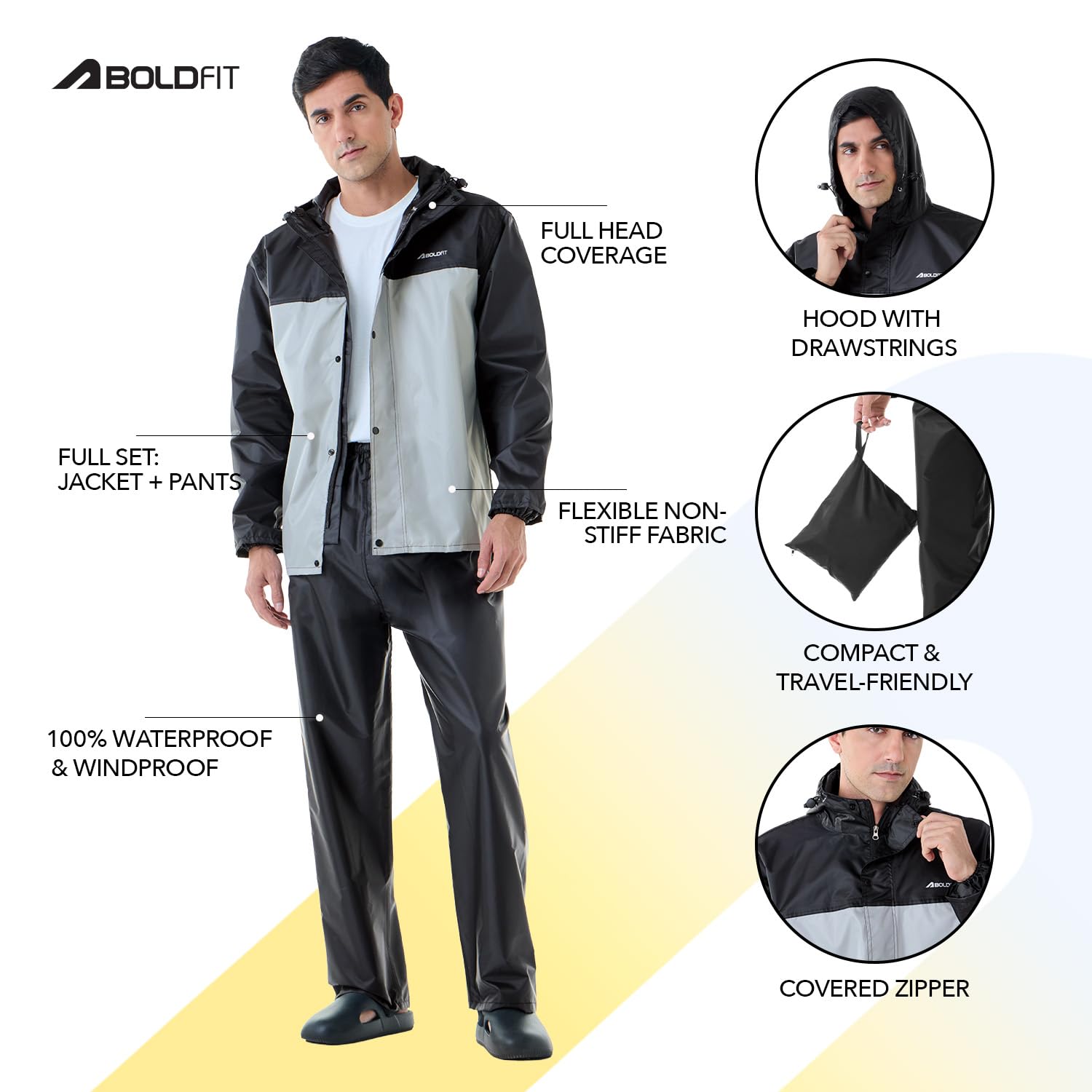Boldfit Rain Coat for Men Waterproof Raincoat Set for Women with Reflective Trim-Windproof Jacket & Pants Suit with Hood, Pockets & Breathable, Durable Fabric for Outdoor, Travel, Bike & Trekking Use