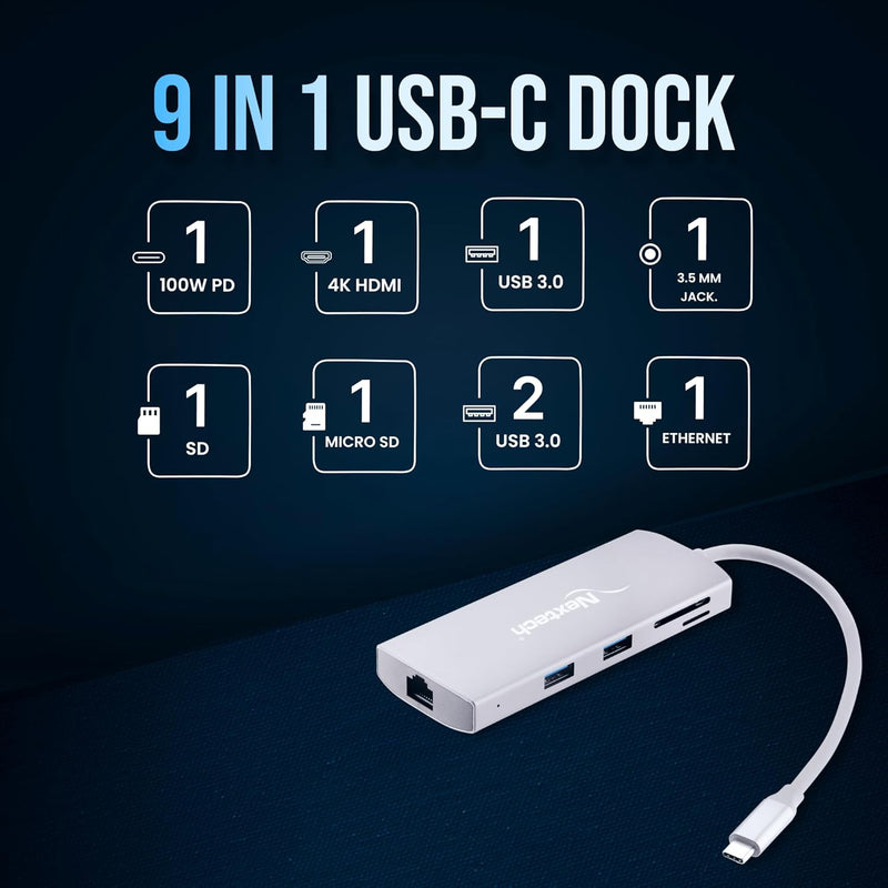 Nextech 9-in-1 USB-C Hub Docking Station â€“ Type-C Adapter with 4K HDMI, Gigabit LAN, PD 100W Charging, USB 3.0 Ports, SD/TF Card Reader, Audio Jack â€“ Compatible with MacBook, Windows â€“ Space Grey