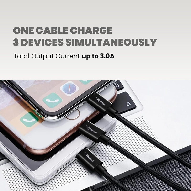 Nextech 3 in 1 USB Fast Charging Cable with Type C, Lightning, Micro USB Connectors for iPhone, iPad, Android and Type-c mobile phones