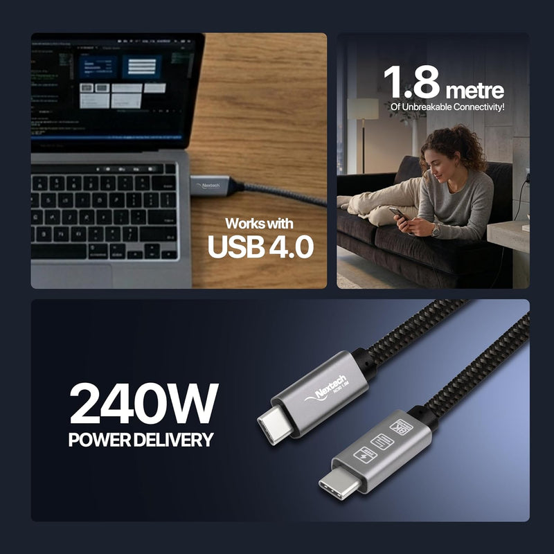 Nextech USB-C to USB-C Thunderbolt 4 / USB4 Cable 240W PD, 40Gbps Data Transfer, 8K@60Hz Video Support, E-Marker Smart Chip, Type-C Fast Charging Cable for MacBook, iPhone, iPad, Galaxy, Laptops & SSD