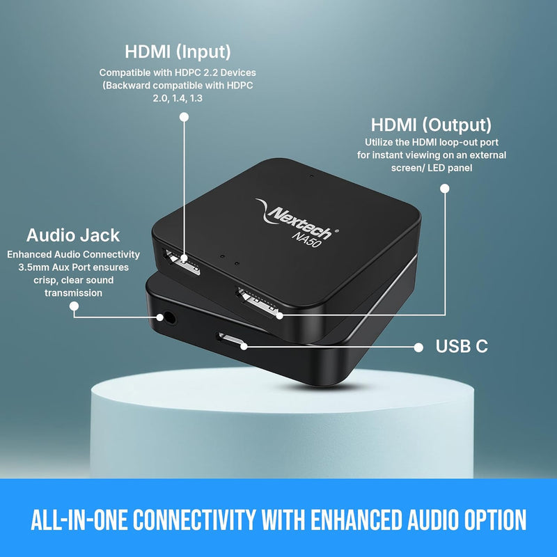 Nextech HDMI Capture Card â€“ 4K@30Hz Pass-Through, Ultra-Low Latency Loop-Out, USB 3.0 Plug & Play, AUX Audio Input â€“ Compatible with PS5, Xbox, Camera, PC for Streaming & Recording