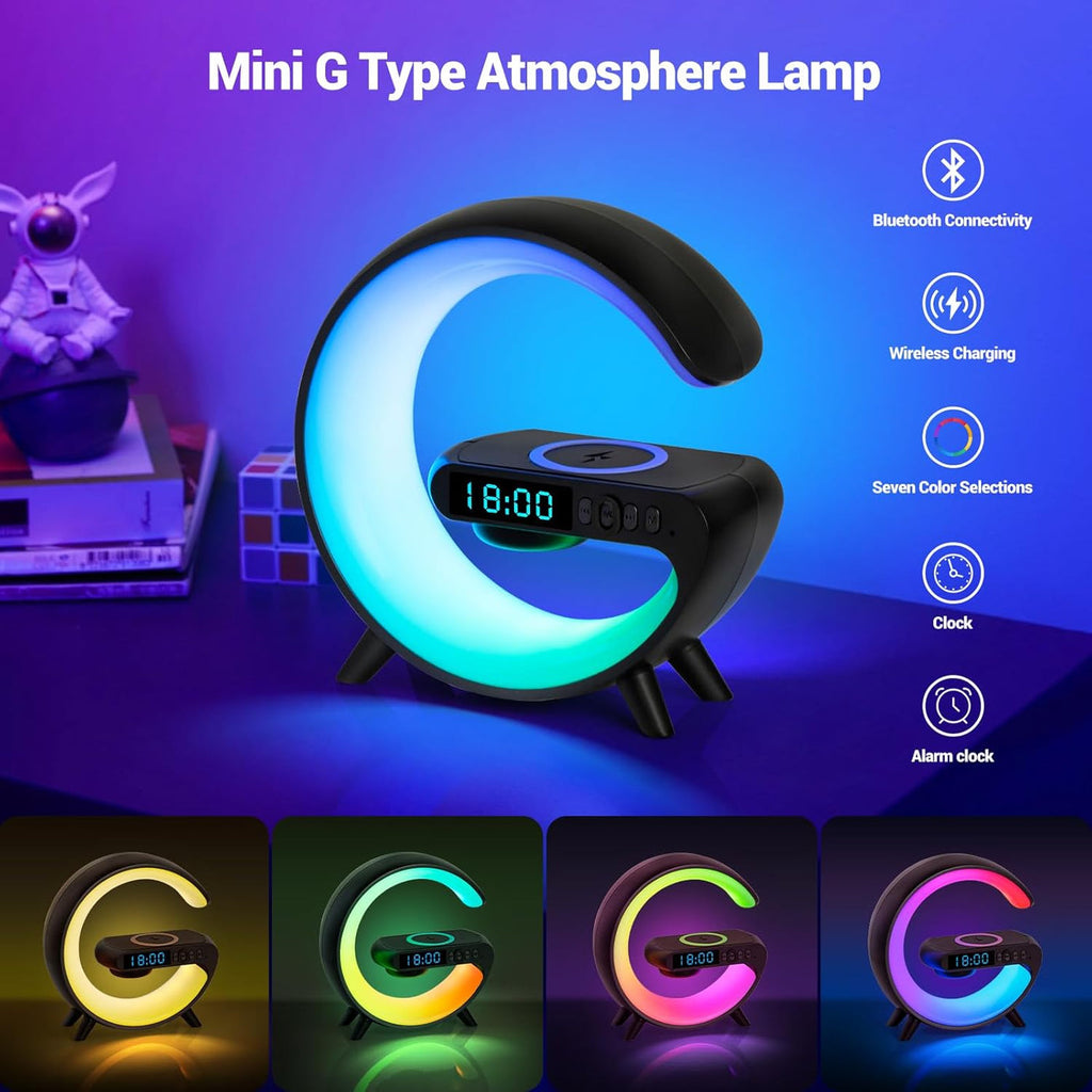 GoobleMini: G-Shaped RGB Atmosphere Lamp with 15W Wireless Charger, Bluetooth Speaker, Alarm Clock & Desk Light for Bedside & Room DÃ©cor
