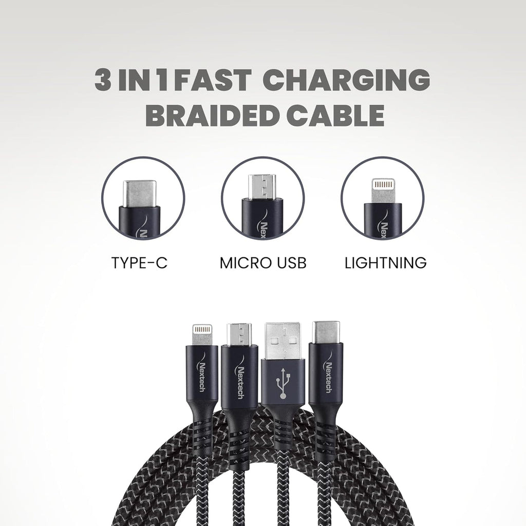 Nextech 3 in 1 USB Fast Charging Cable with Type C, Lightning, Micro USB Connectors for iPhone, iPad, Android and Type-c mobile phones