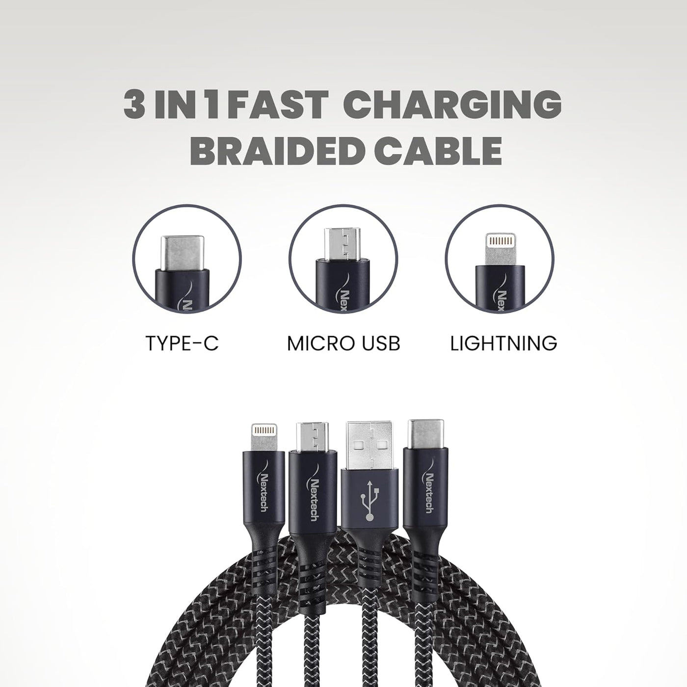 Nextech 3 in 1 USB Fast Charging Cable with Type C, Lightning, Micro USB Connectors for iPhone, iPad, Android and Type-c mobile phones