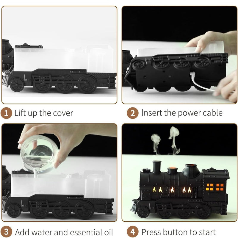Mystiq: Train-Shaped Aroma Diffuser & Humidifier, 300ml, Flame Light, 2 Mist Modes, Auto Off â€“ Perfect for Home, Office & Festive Decor.