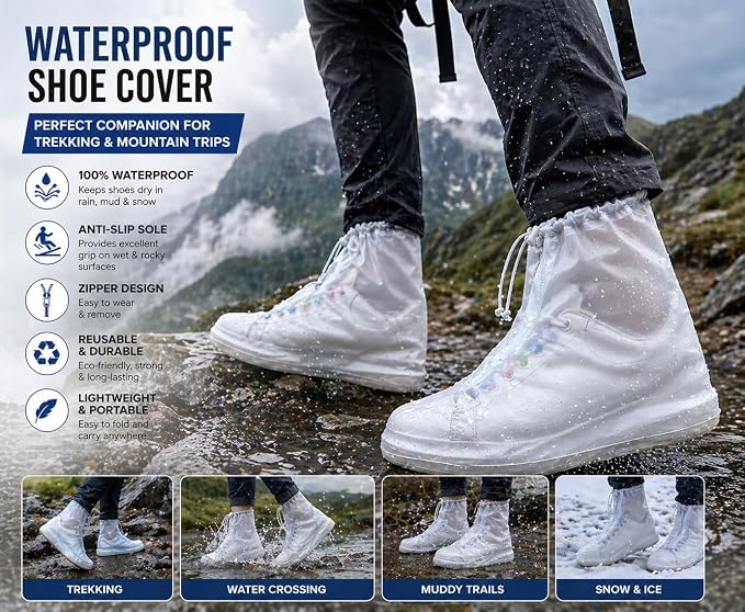 Rain Boots Shoe Covers Waterproof for Men Women Shoe Protectors with Zipper Not-Slip Reusable Overshoes Galoshes for Hiking Climbing Camping Cycling Rainy Day (White, L)
