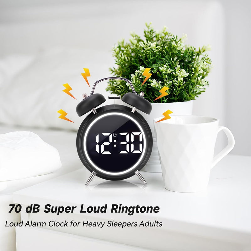 Wakee: Retro LED Alarm Clock with Twin Bells â€“ Extra Loud Battery-Powered Clock for Heavy Sleepers, Stylish Wake-Ups & Desk or Bedroom Decor