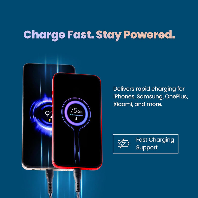 Nextech 3 in 1 Charging Braided Cable with Dual Type-C & Lightning connectors compatible with All Type-C & iPhone, iPad, Macbook & Airpods 1.2M