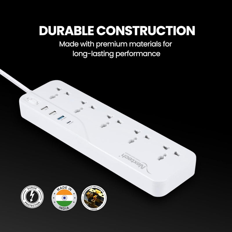 Nextech Power Plate 9 in 1Extension Board with 5 Universal Sockets, 20W Type-C PD, 3 USB Charging Ports, 3 Meter Long Cord, 2500 Watts, 2.1 Amp USB Output, Multi Plug for Home Appliances (White)